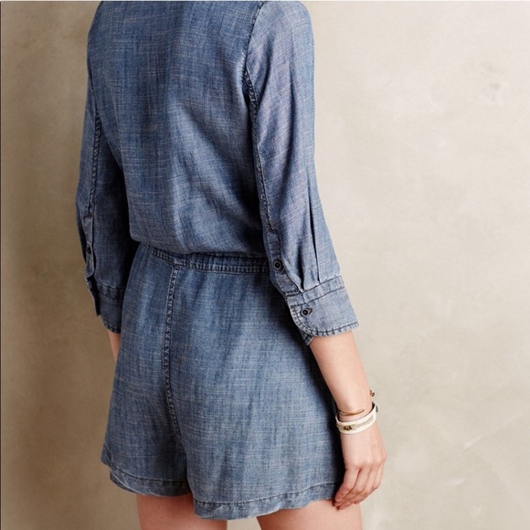 ANTHROPOLOGIE - LEVEL 99 chambray linen blend romper Sz XS/S - Picture 2 of 6